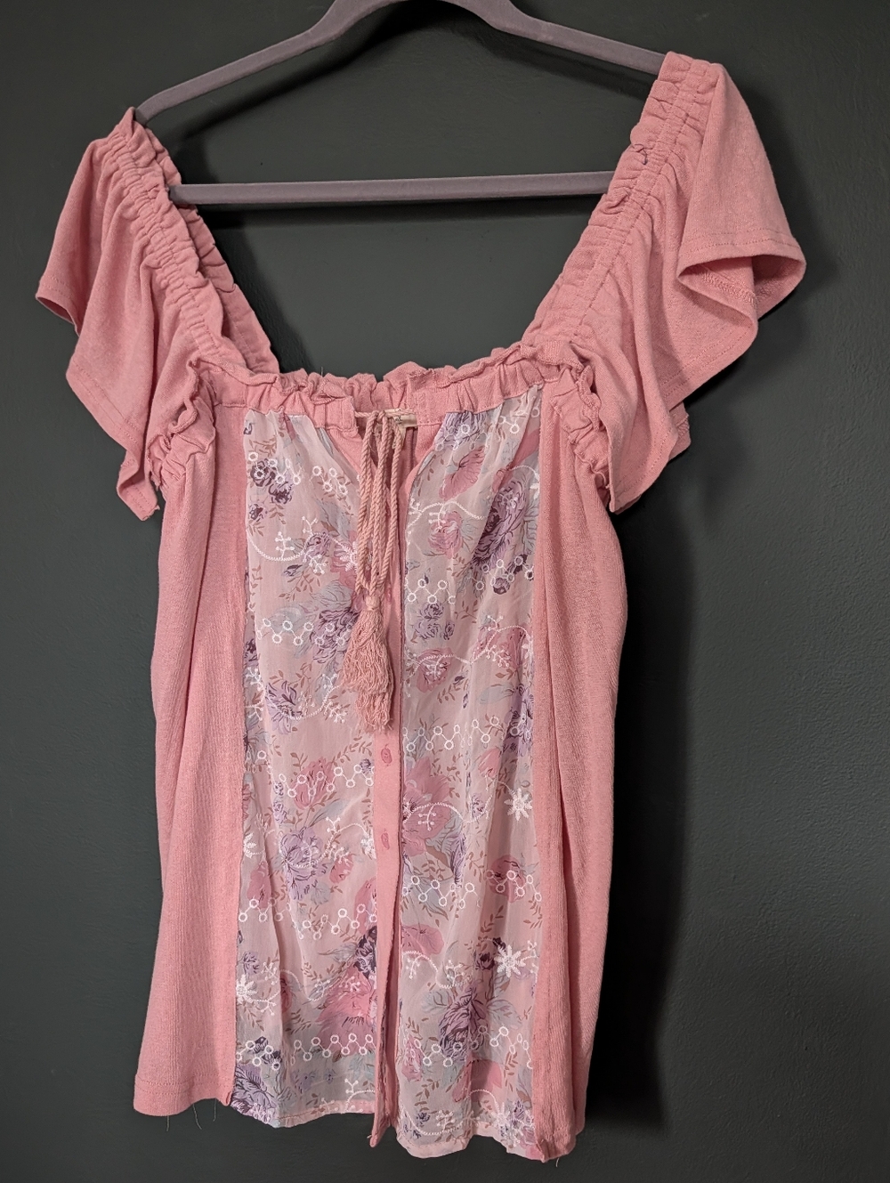 easel Dusty Rose Off-Shoulder Floral Sheer Panel Top with Tassel Tie